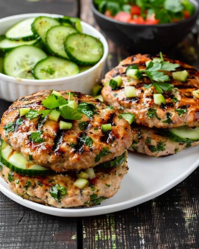 Grilled Turkey Burgers with Cucumber Salad
