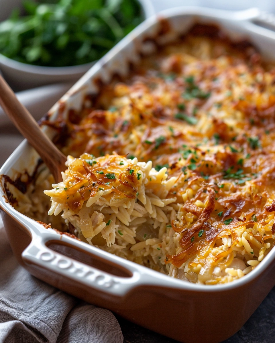French Onion Chicken Orzo Casserole