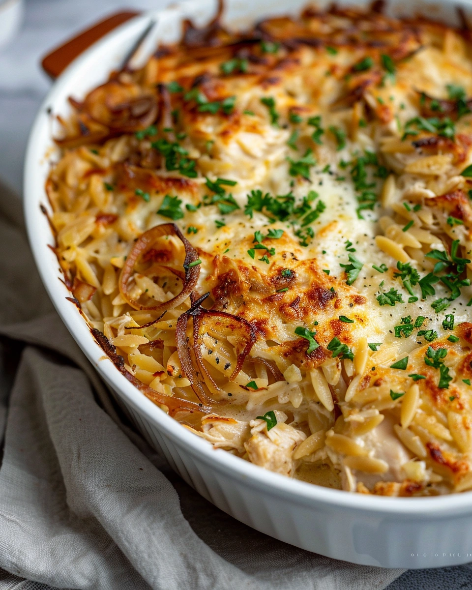 French Onion Chicken Orzo Casserole