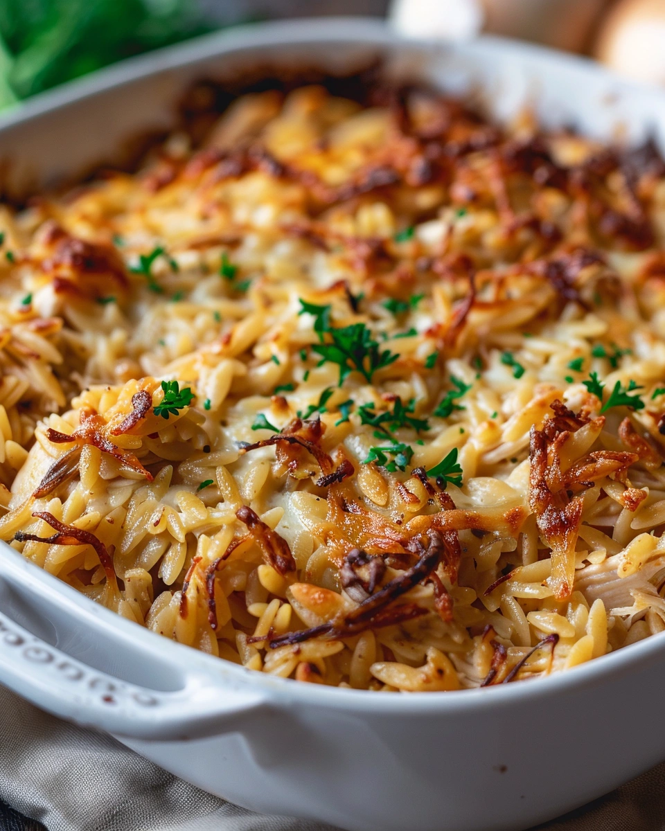 French Onion Chicken Orzo Casserole