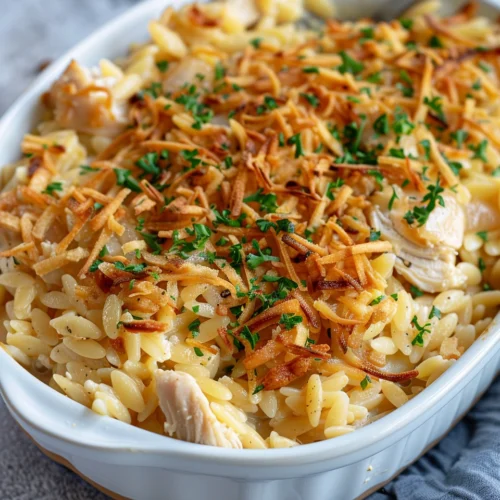 French Onion Chicken Orzo Casserole