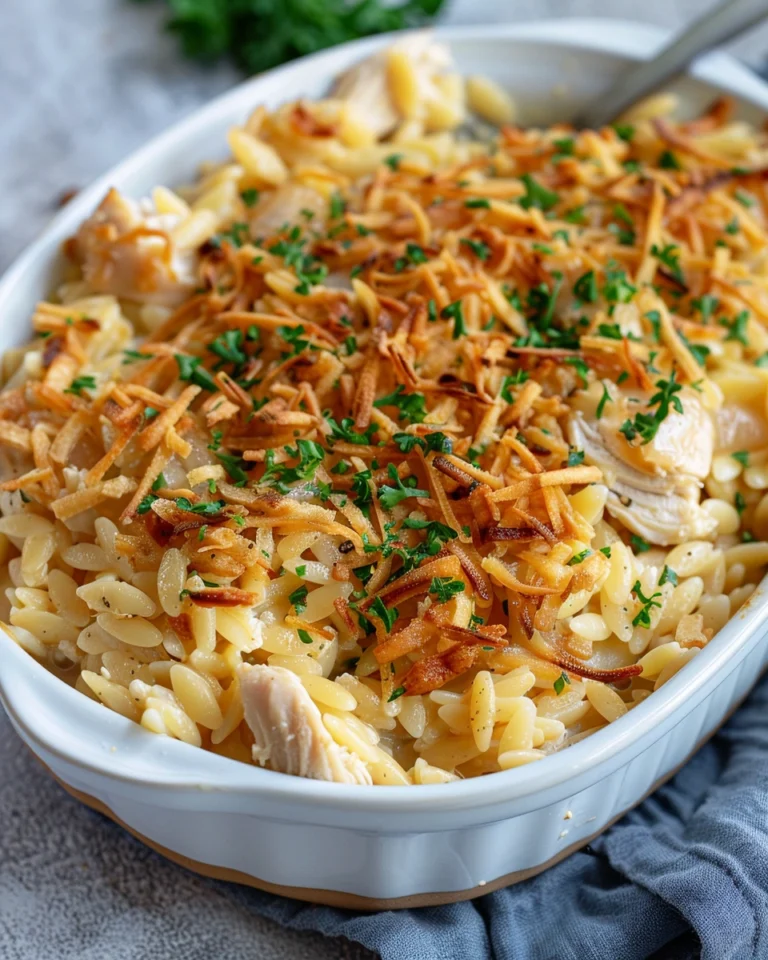 French Onion Chicken Orzo Casserole