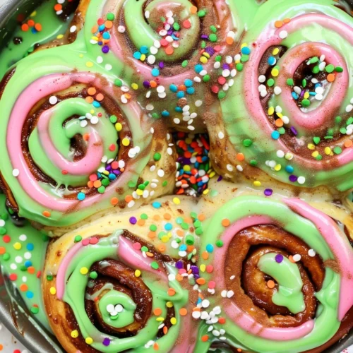 Rainbow Sprinkle Cinnamon Rolls with Green Icing