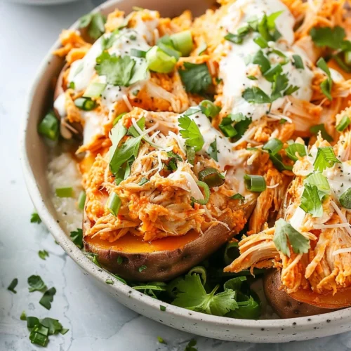 Healthy Buffalo Shredded Chicken Sweet Potatoes