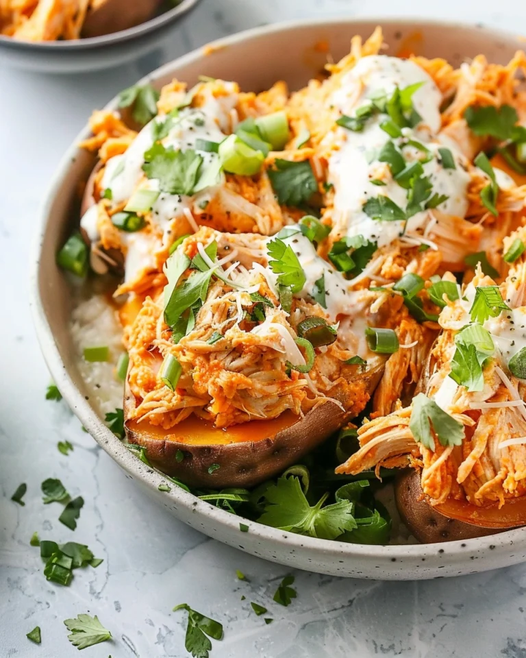 Healthy Buffalo Shredded Chicken Sweet Potatoes