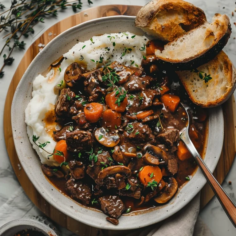 Delicious Beef Bourguignon served with vegetables and herbs in a rustic bowl.