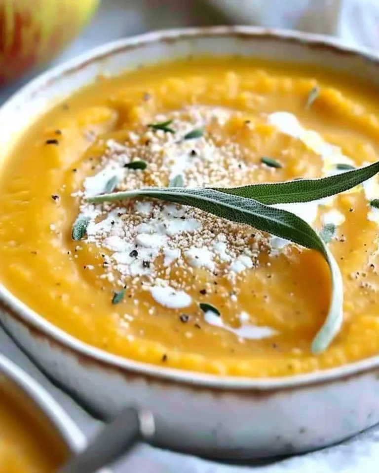 Creamy butternut squash soup with apple garnished with herbs in a bowl