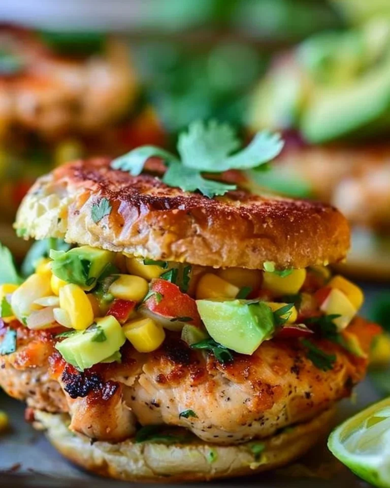 Delicious chicken burger served with avocado corn salsa on a plate