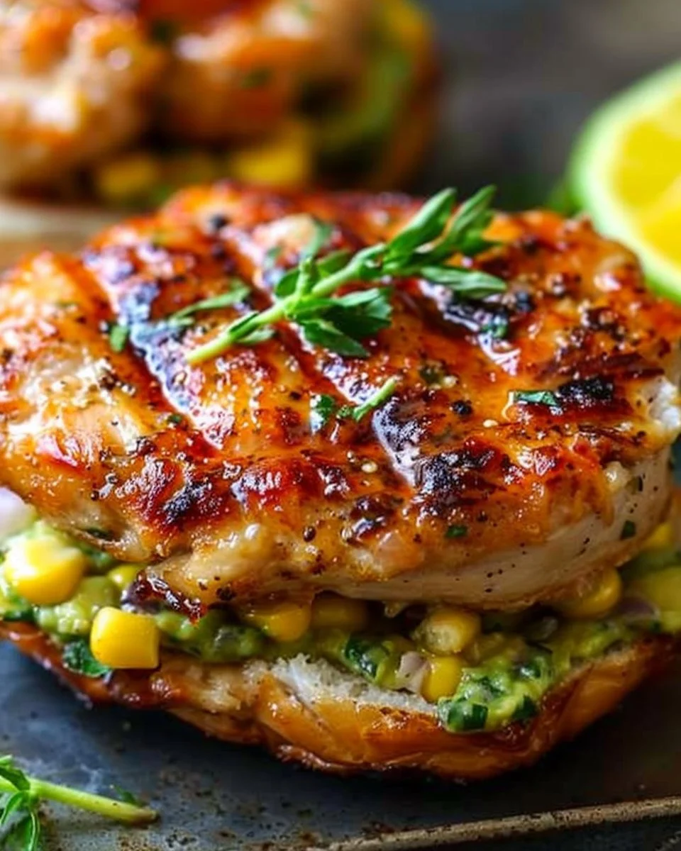 Chicken Burgers with Avocado Corn Salsa