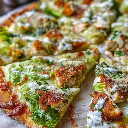 Delicious Chicken Caesar Salad Pizza on a wooden platter