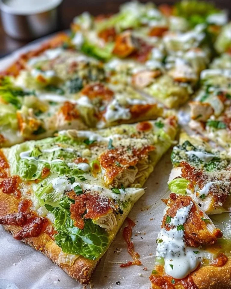 Delicious Chicken Caesar Salad Pizza on a wooden platter