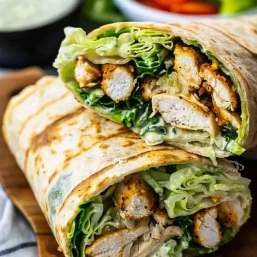 Delicious Chicken Caesar Wrap loaded with romaine lettuce and grilled chicken