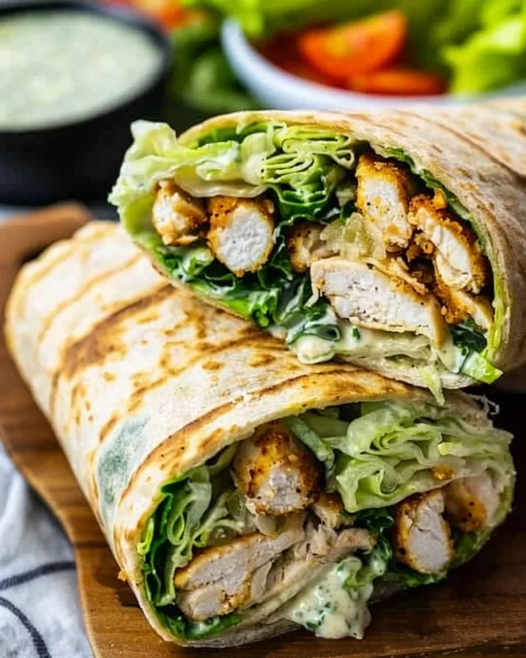Delicious Chicken Caesar Wrap loaded with romaine lettuce and grilled chicken
