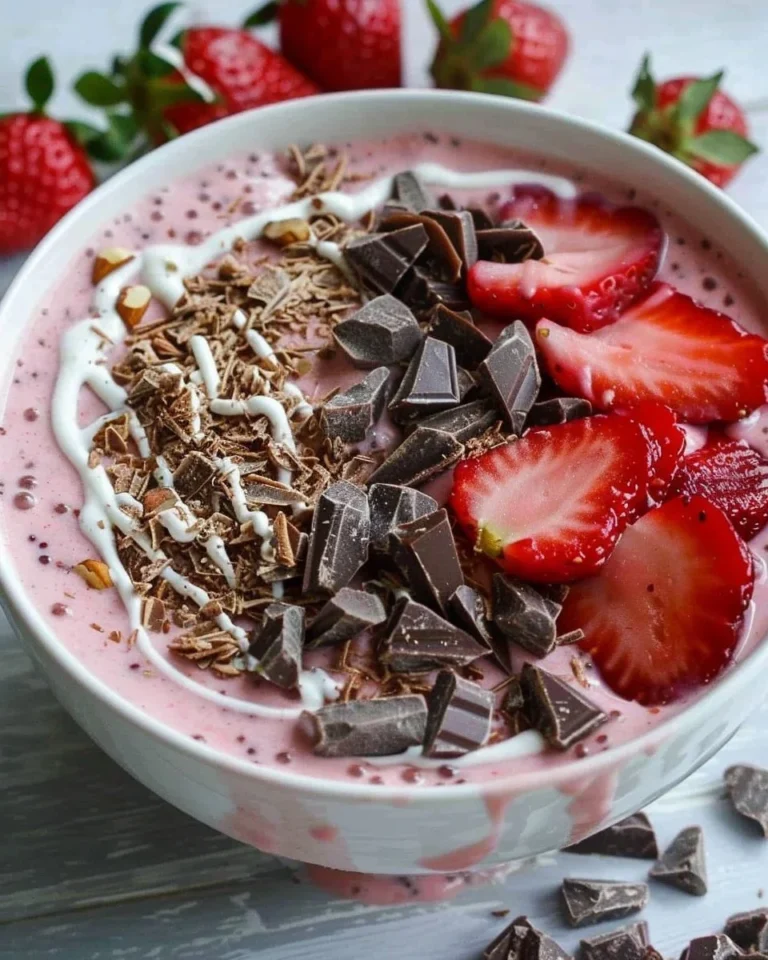 Chocolate Covered Strawberry Smoothie Bowl topped with fresh strawberries and granola