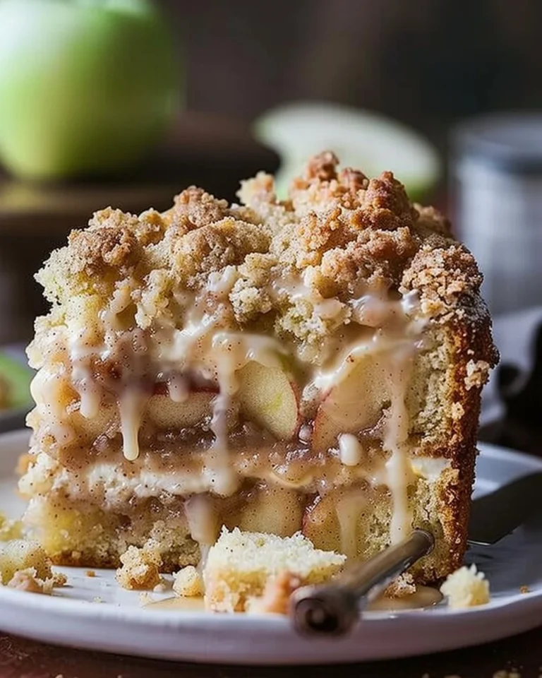 Cinnamon apple crumb cake with a golden brown topping and apple slices