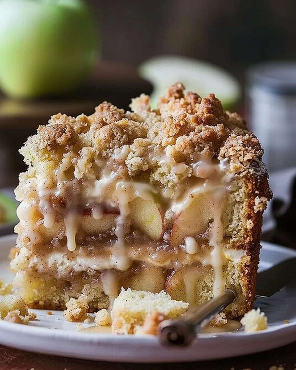 Cinnamon apple crumb cake with a golden brown topping and apple slices