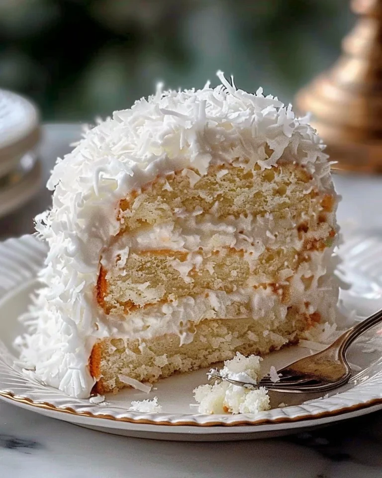 Delicious slice of Coconut Cloud Cake decorated with coconut flakes and cream.