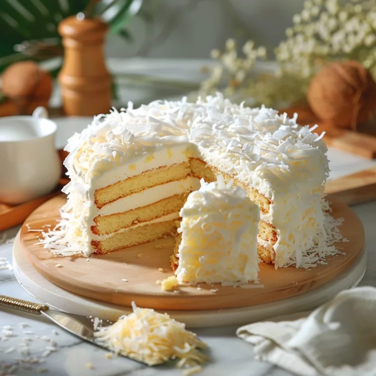 Delicious Coconut Layer Cake topped with creamy frosting and coconut flakes