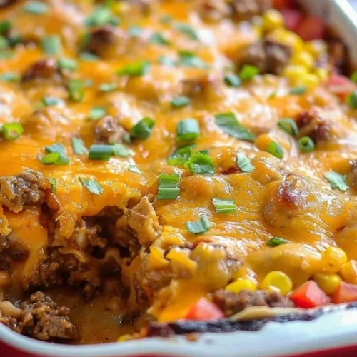 Delicious cowboy casserole topped with cheese and served in a rustic dish.