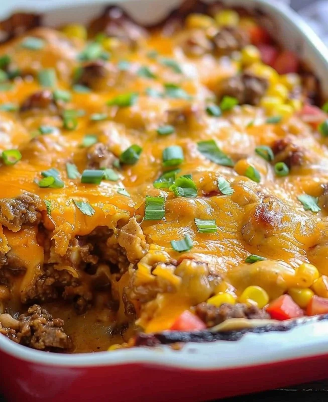 Delicious cowboy casserole topped with cheese and served in a rustic dish.