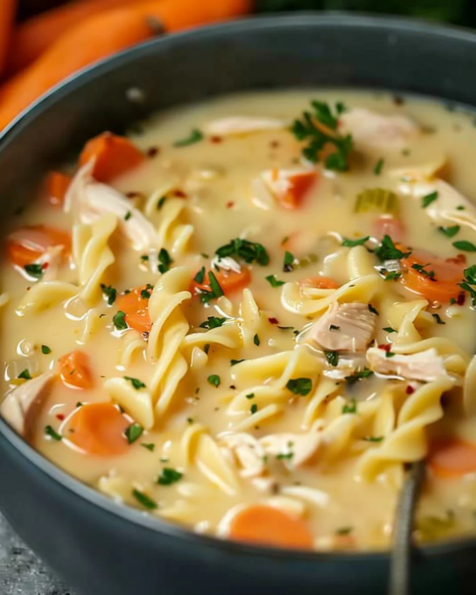 Bowl of Crack Chicken Noodle Soup with ingredients