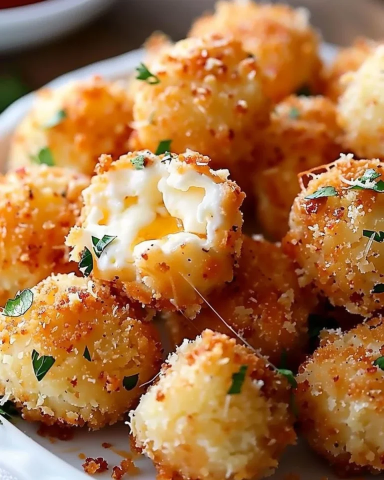Crispy parmesan mozzarella bites served on a plate with dipping sauce.