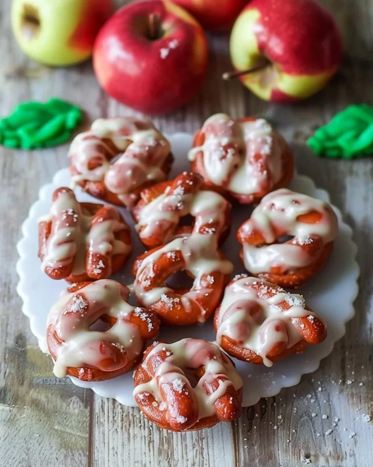Plate of dipped apple pretzel bites served with caramel sauce