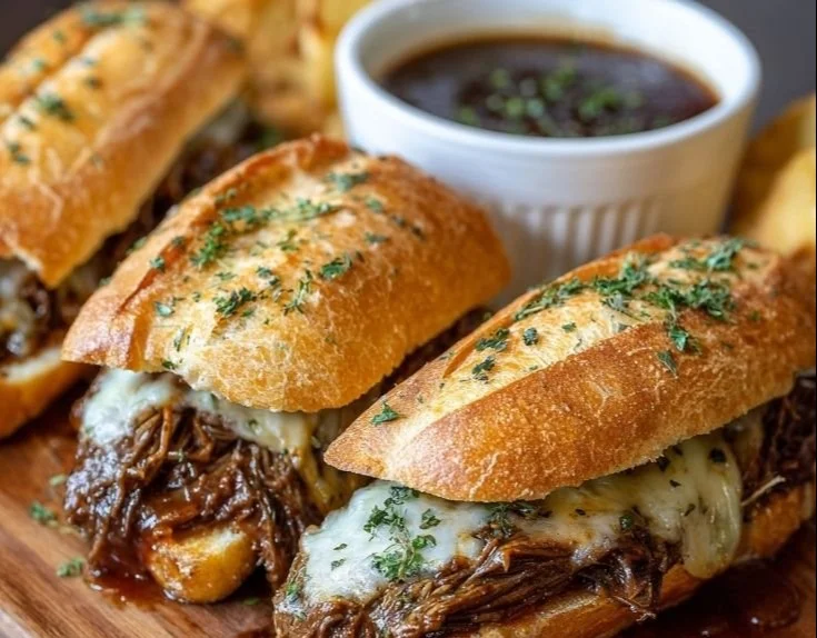 Juicy French Dip Sandwiches made in a crockpot with tender beef and flavorful broth
