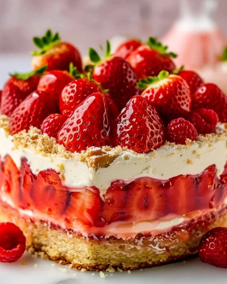 French Fraisier Cake with fresh strawberries and cream decoration