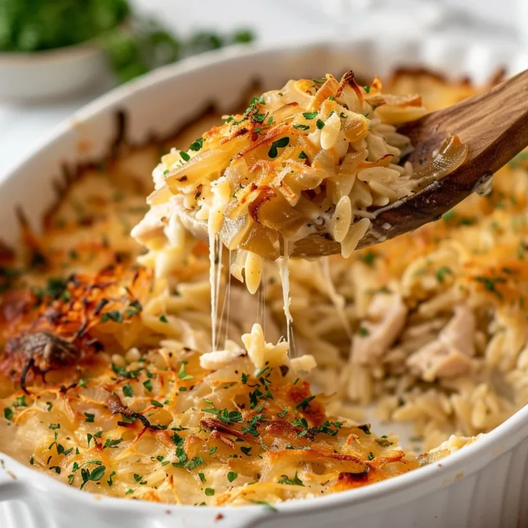 Delicious French Onion Chicken Casserole served with melted cheese and herbs