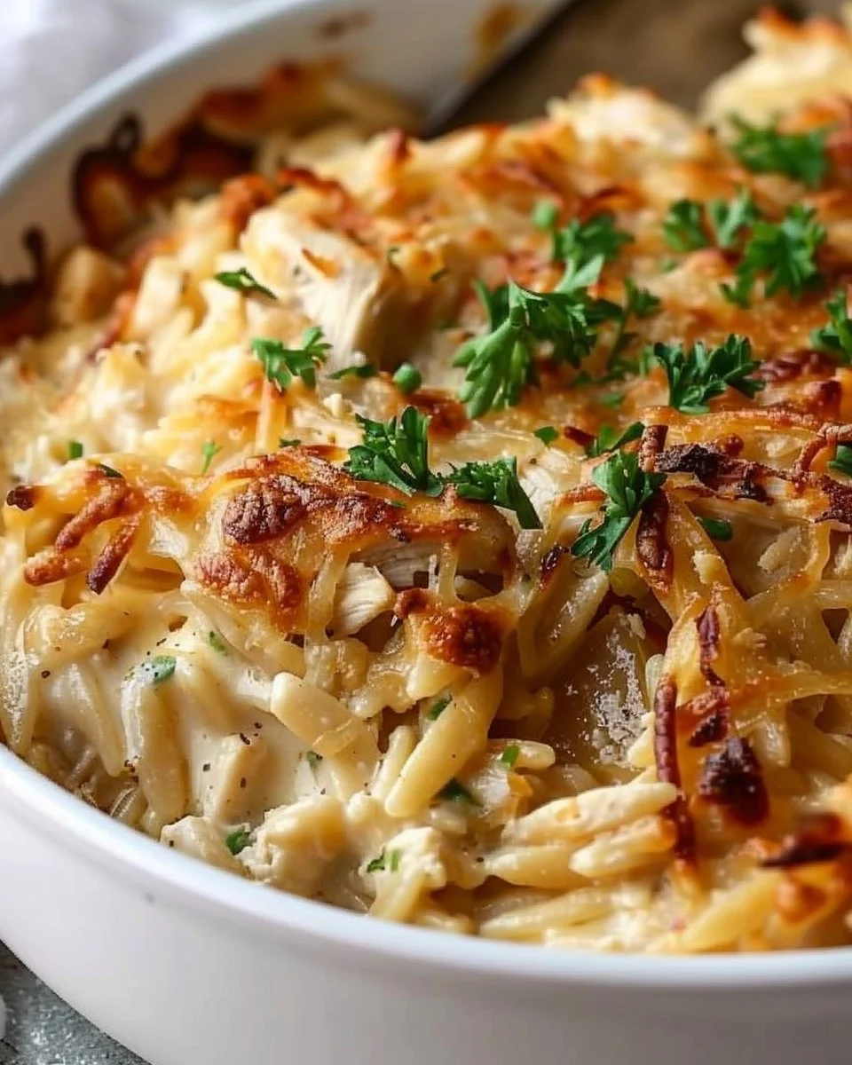 French Onion Chicken Orzo Casserole