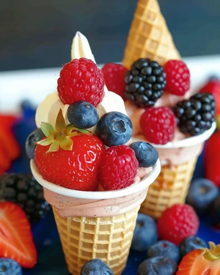 Colorful fruit cones filled with a variety of fresh fruits in a cone shape