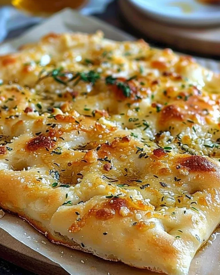 Garlic Parmesan Focaccia drizzled with spicy hot honey on a wooden board