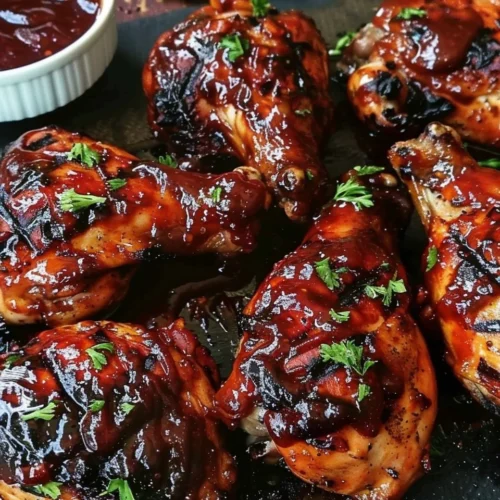 Grilled chicken topped with Cherry Dr Pepper barbecue sauce on a plate.