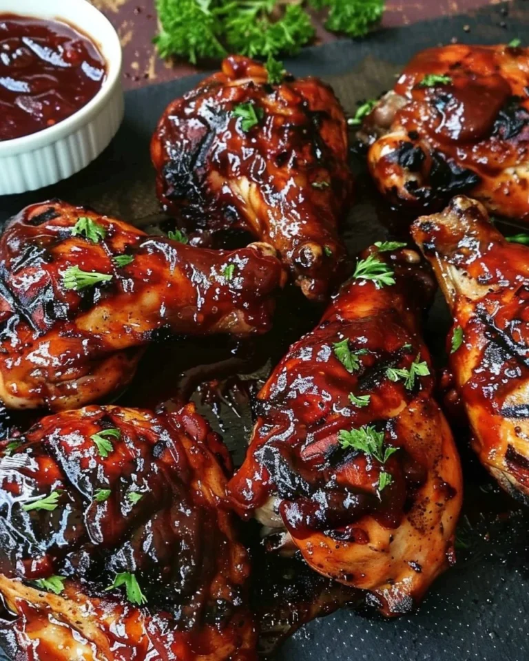 Grilled chicken topped with Cherry Dr Pepper barbecue sauce on a plate.
