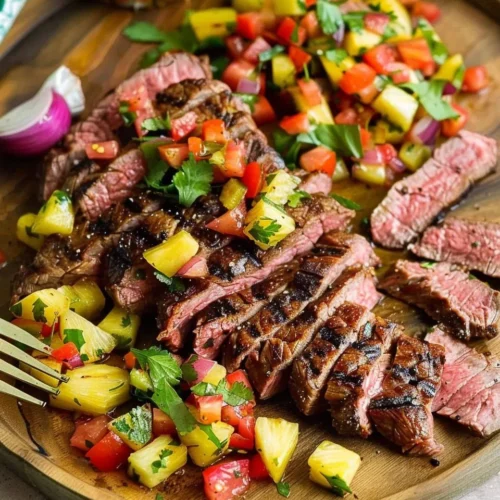 Grilled flank steak served with fresh pineapple salsa on a plate