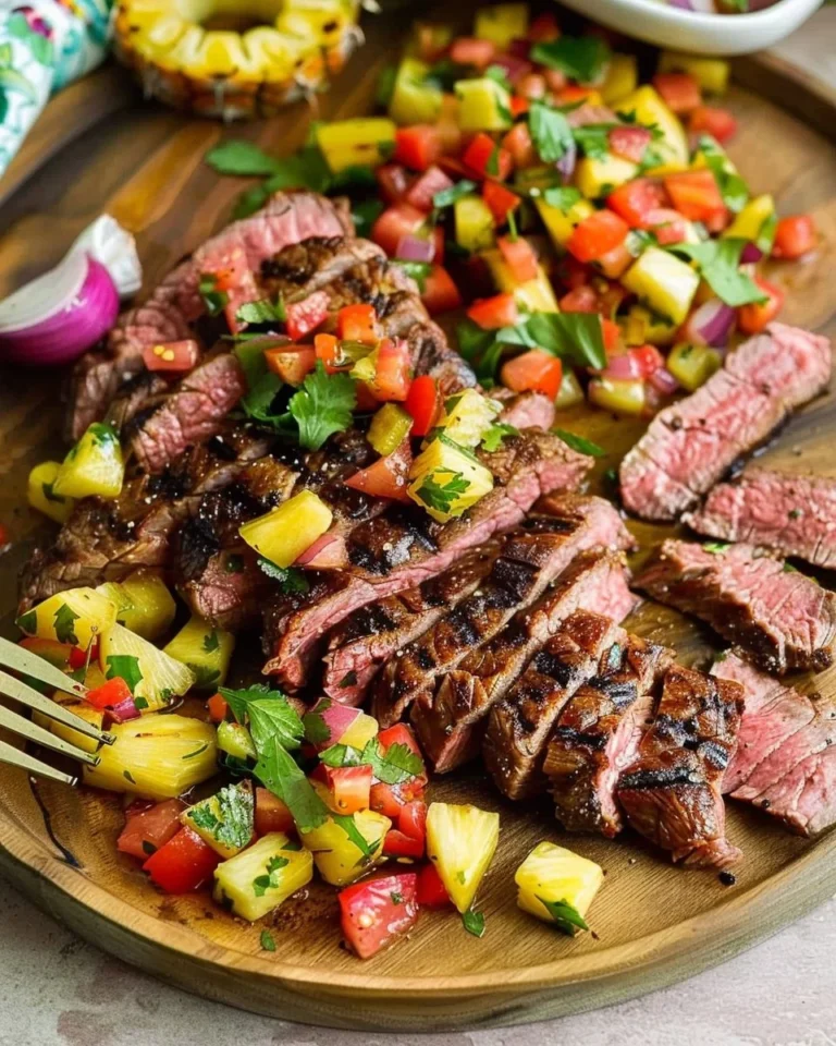 Grilled flank steak served with fresh pineapple salsa on a plate