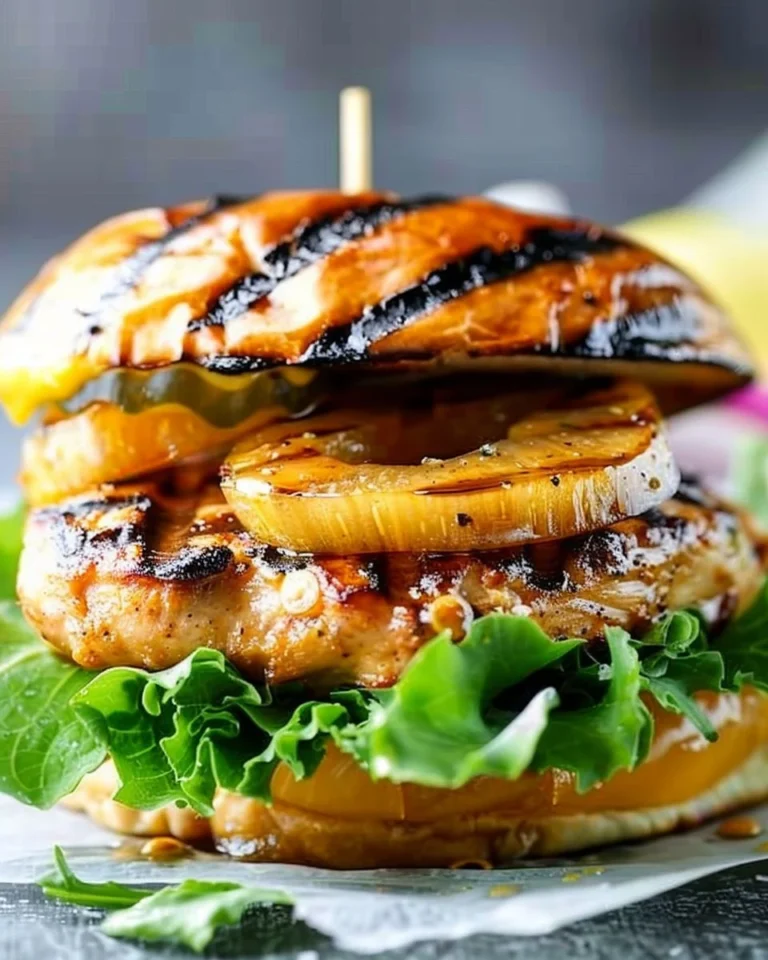 Grilled Hawaiian Chicken Burgers with pineapple and barbecue sauce