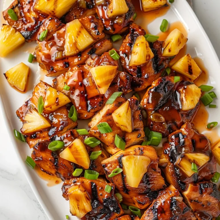 Grilled pineapple chicken dish garnished with fresh herbs