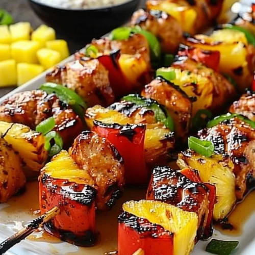 Grilled pineapple chicken kabobs with vibrant colors and juicy ingredients.