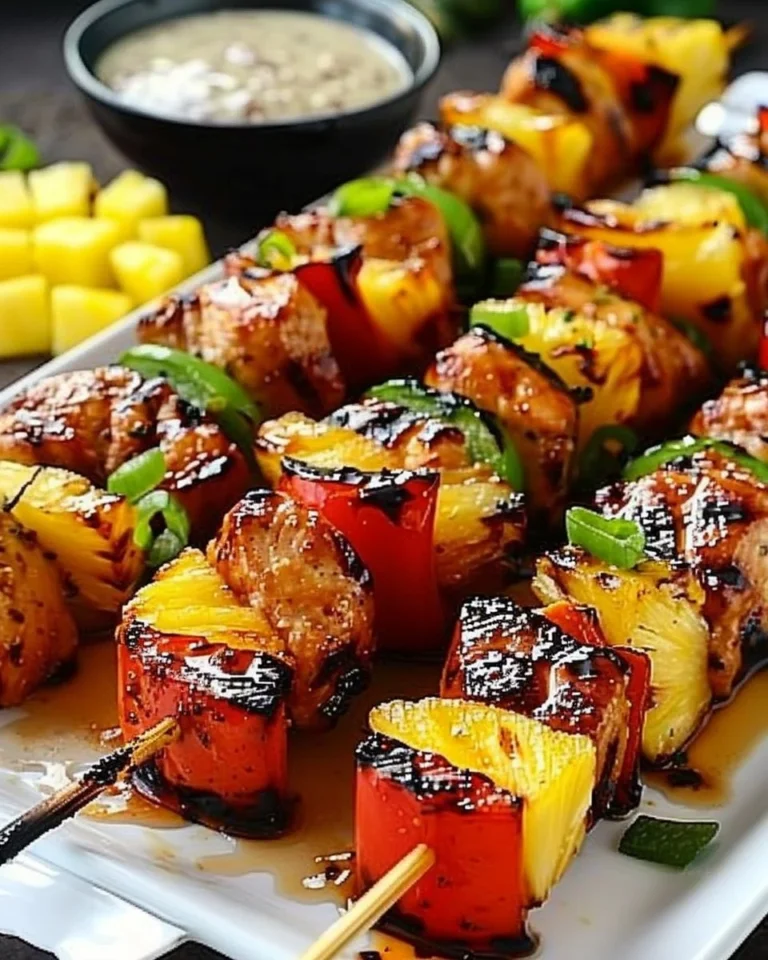 Grilled pineapple chicken kabobs with vibrant colors and juicy ingredients.