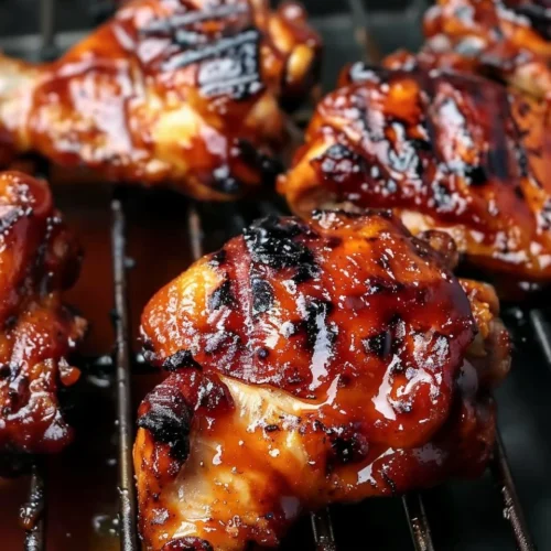 Grilled spicy BBQ chicken thighs served on a platter with garnish