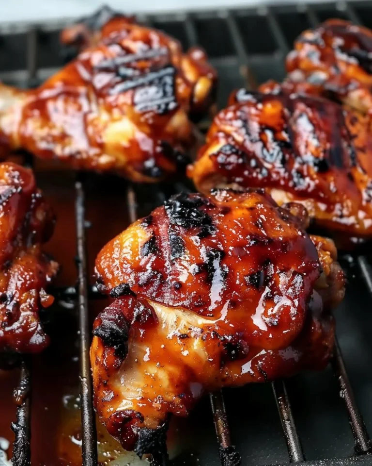 Grilled spicy BBQ chicken thighs served on a platter with garnish