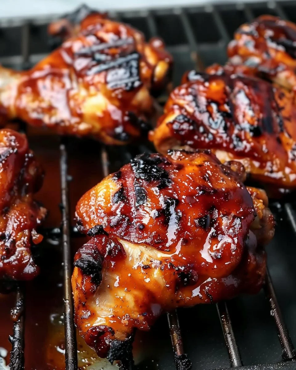 Grilled spicy BBQ chicken thighs served on a platter with garnish