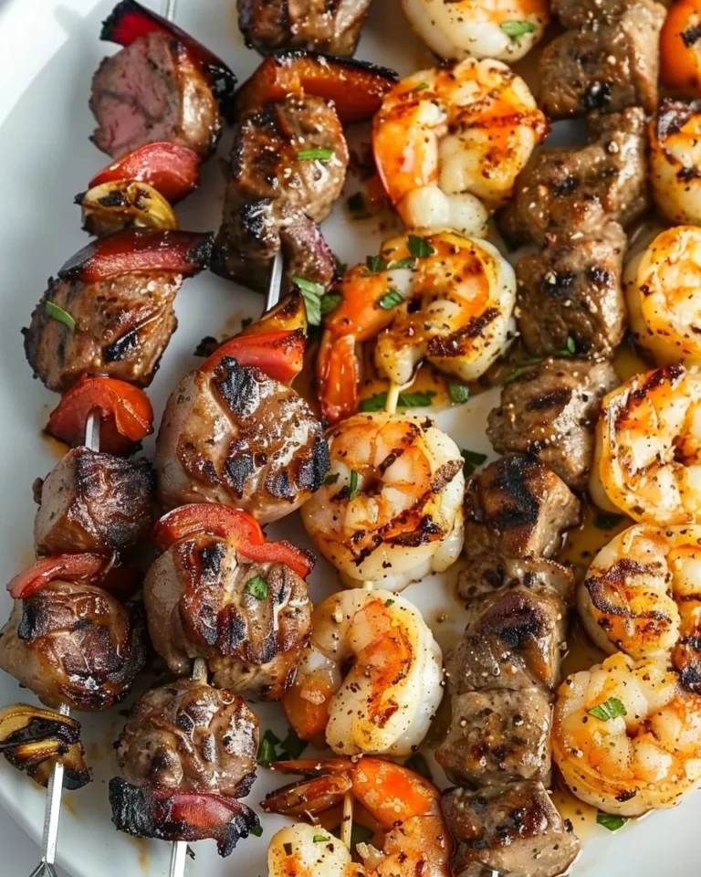 Grilled surf and turf skewers featuring shrimp and steak on a barbeque grill