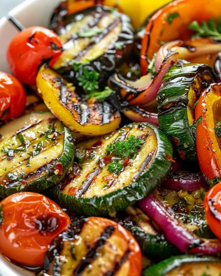 A colorful platter of grilled veggies including bell peppers, zucchini, and asparagus.