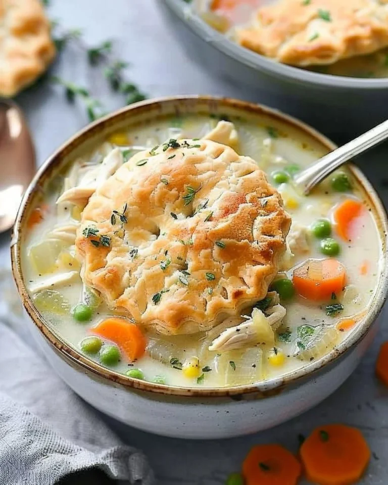 Healthy chicken pot pie soup with colorful vegetables and creamy broth