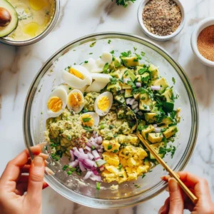High protein avocado egg salad without mayo served in a bowl