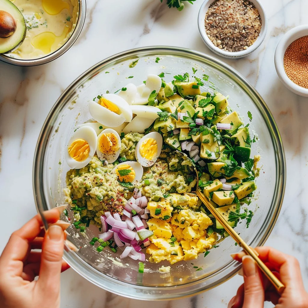 High protein avocado egg salad without mayo served in a bowl