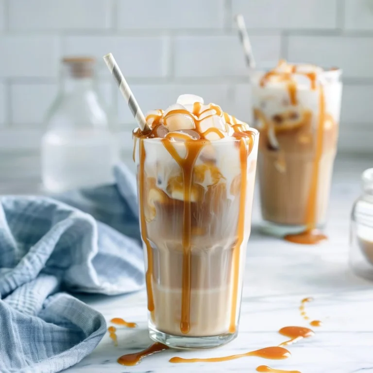 Homemade caramel iced coffee in a glass with ice and whipped cream